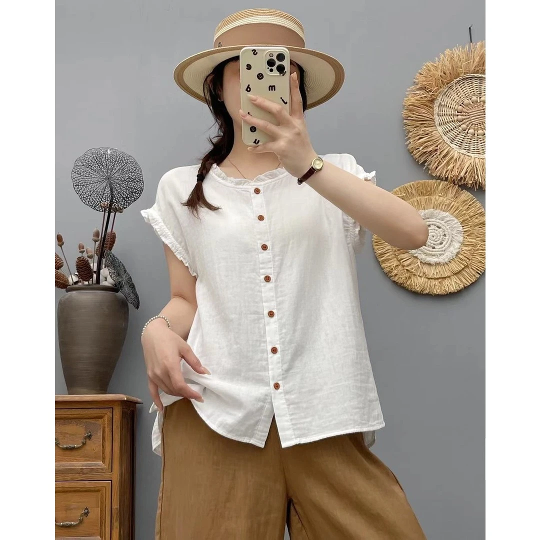 夏装新款文艺纯色大方显瘦宽松型木耳棉纱复古小飞袖女装衬衣