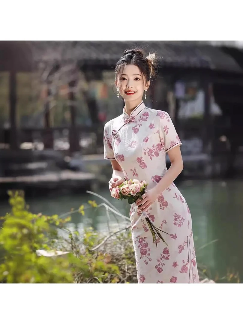 251-粉红花花小朵旗袍