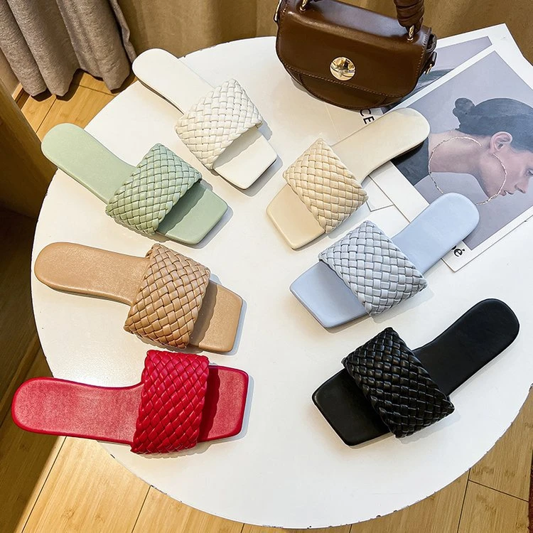 编织拖鞋外穿女夏季2025新款法式小众方头底外贸大码沙滩凉拖鞋