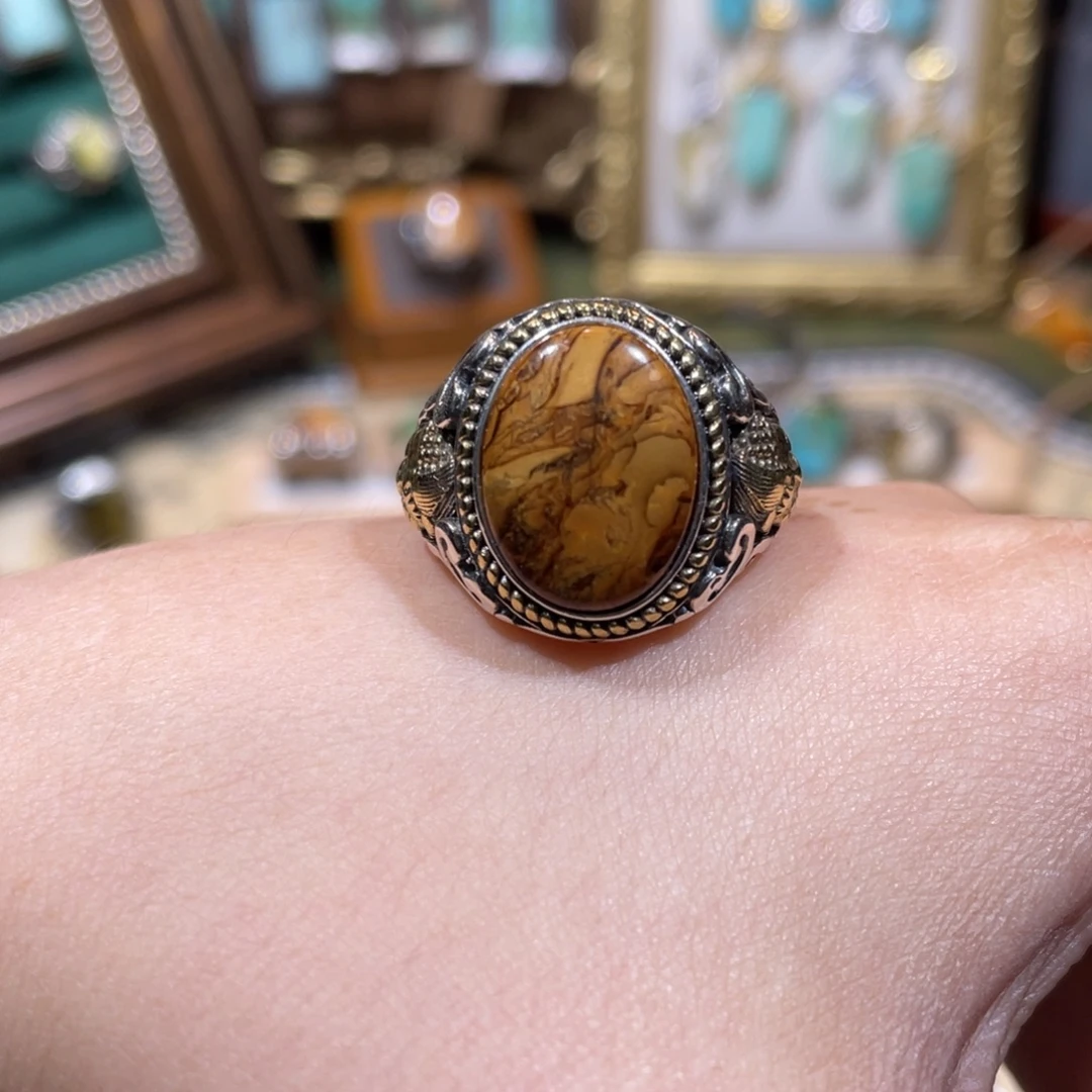 银S925镶嵌琥珀戒指戒指