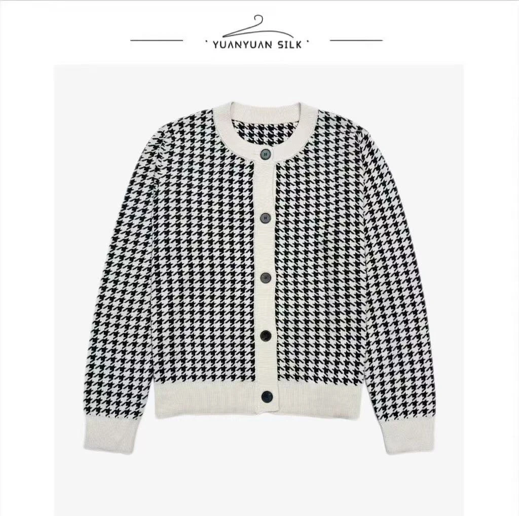 B 【经典爆款】100%蚕丝修身气质减龄时尚千鸟格设计感开衫上衣m30