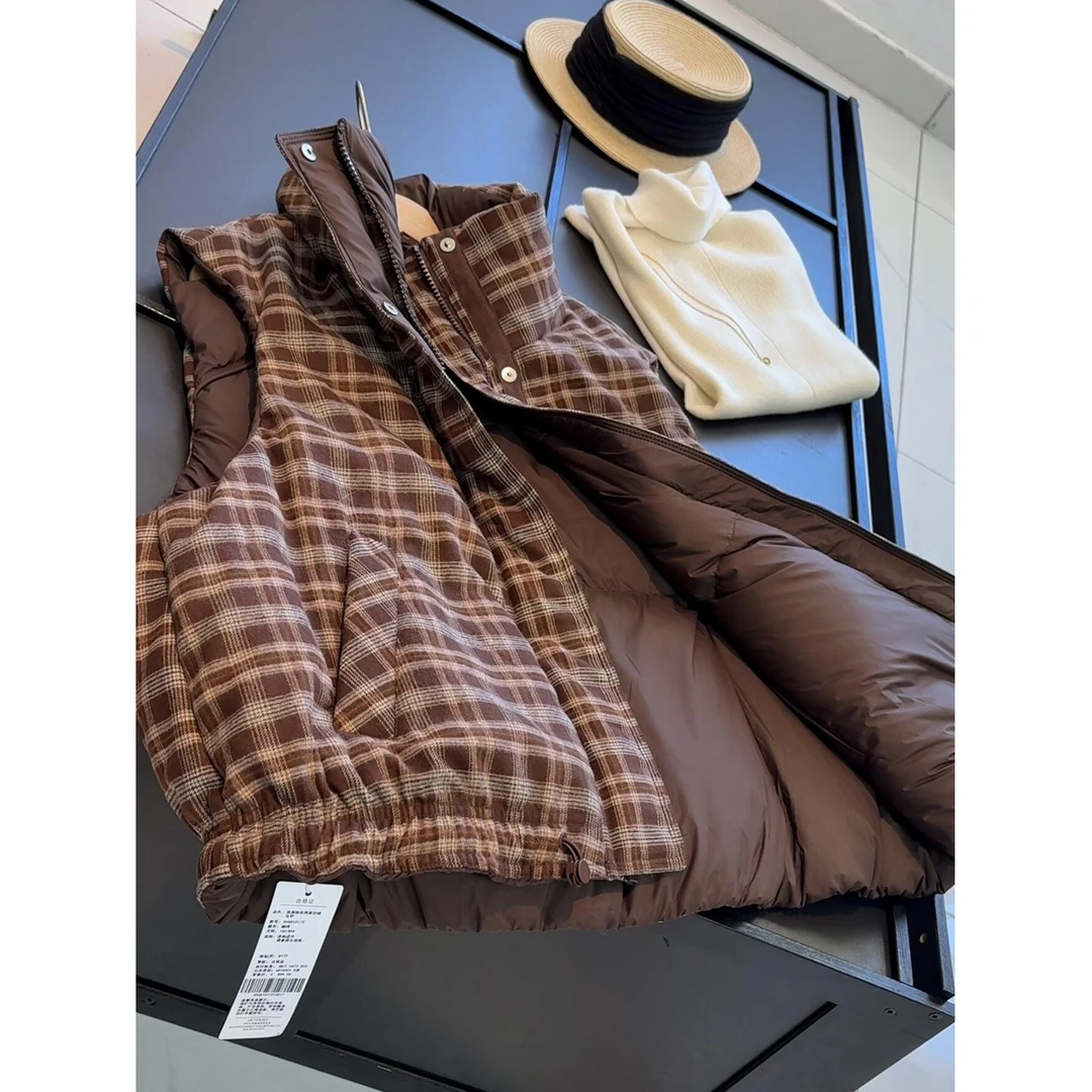 90鸭绒 复古风休闲格纹两穿羽绒马夹宽松显瘦加厚马夹女外套