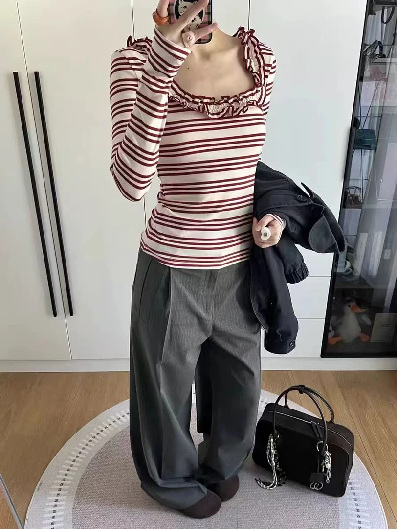 【现货6940】设计感小众花边U领条纹修身打底衫大领口显瘦T恤女