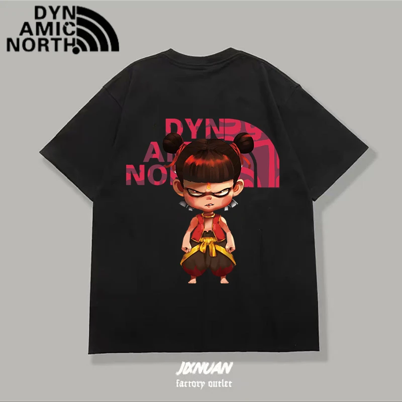 动感北面纯棉短袖T恤宽松百搭休闲生气哪吒印花卡通动漫圆领上衣