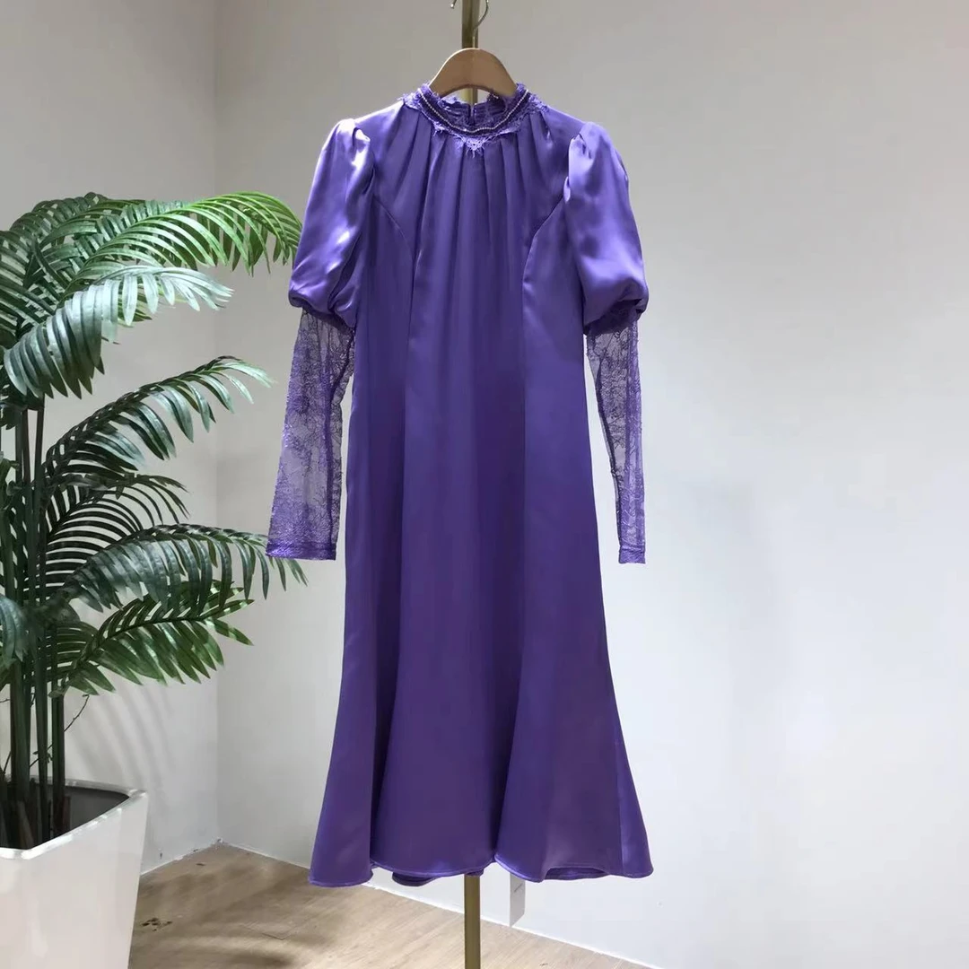 B3784高端定制紫色春夏2025复古优雅连衣裙女长款宫廷夏