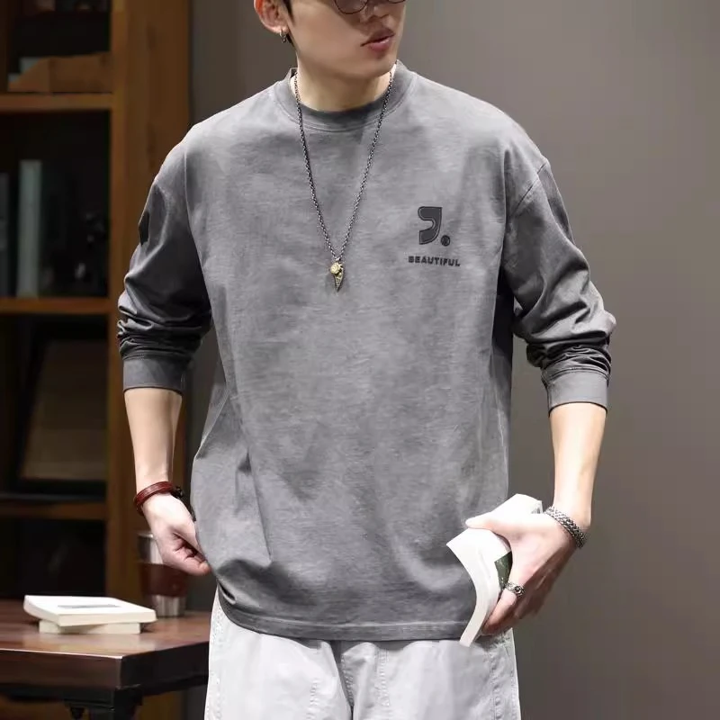 U&PURA复古水洗炒色长袖t恤男士宽松圆领打底衫春季重磅印花衣服