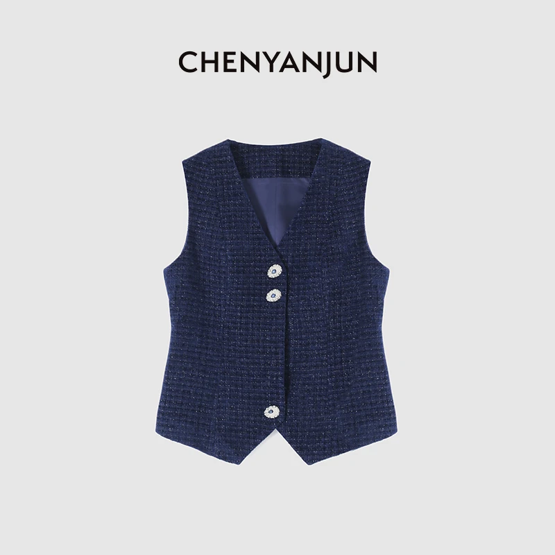 陈妍君【小香风面料V领银扣无袖马甲】CYJ-TTO366-T053