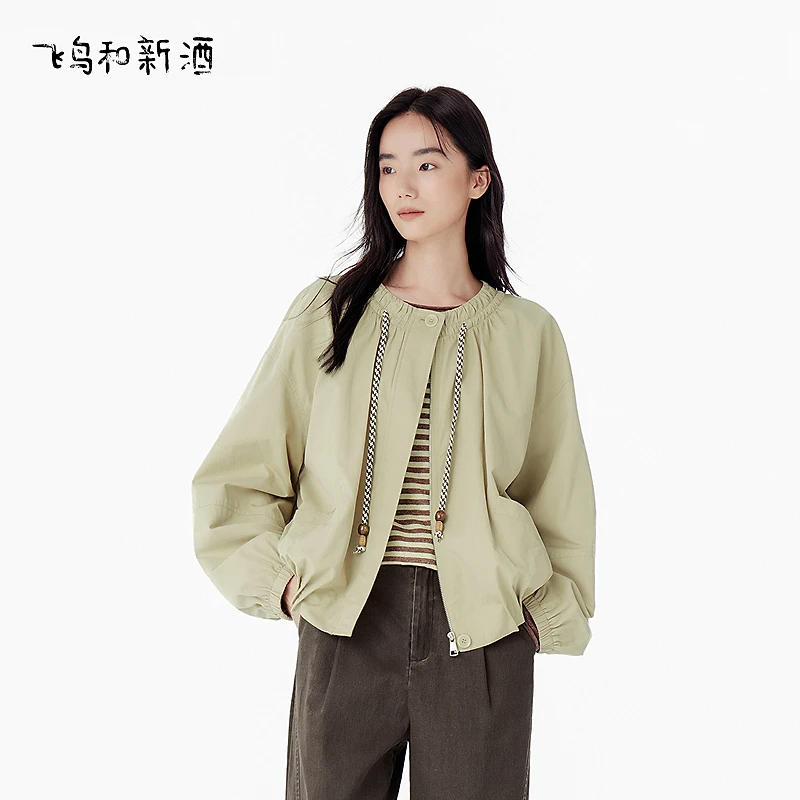 飞鸟和新酒设计感圆领短款休闲休闲外套女秋季纯色上衣FD55072007