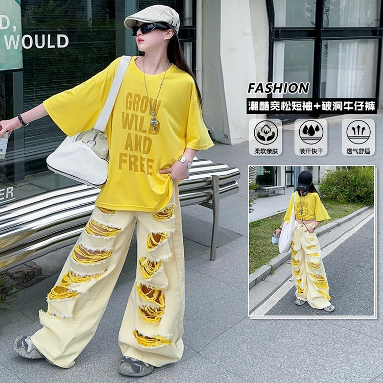 女童韩版夏季套装2025儿童新款洋气宽松T恤破洞牛仔裤薄款两件套