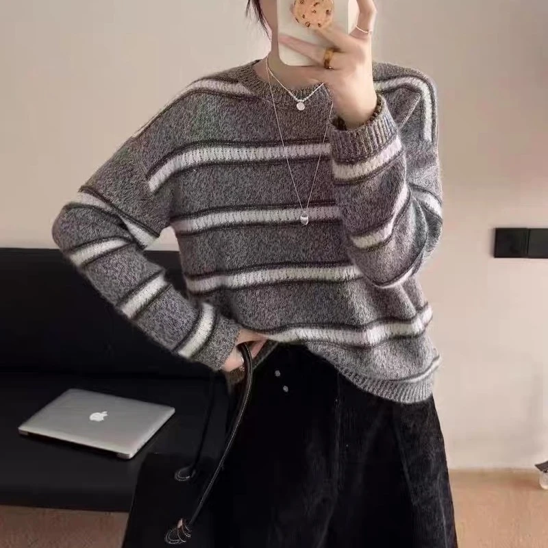 慵懒风条纹撞色针织衫秋冬毛衣上衣K24174