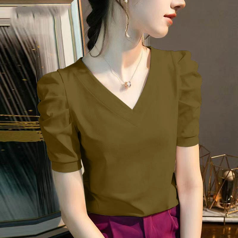 法式V领短袖T恤女泡泡袖设计感显瘦气质上衣夏季百搭时尚打底衫