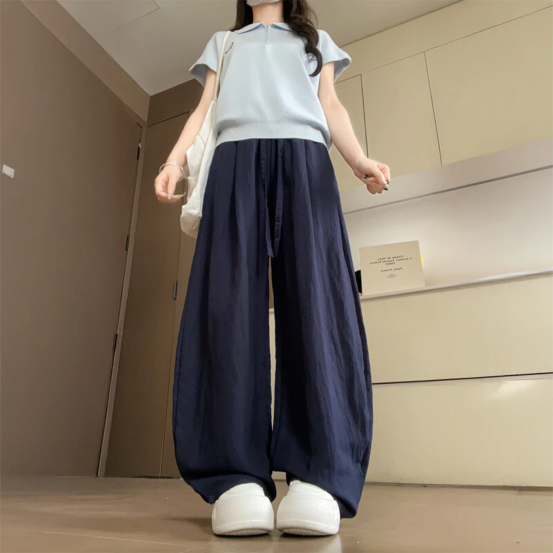 藏青色天丝亚麻休闲裤女秋季新款胖妹妹mm高腰宽松显瘦垂感阔腿裤