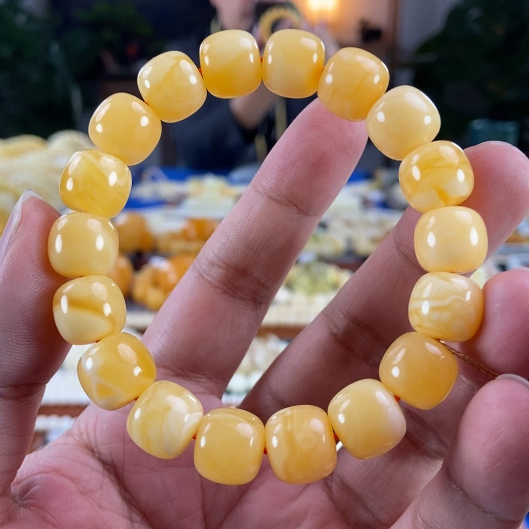 琥珀未镶嵌珠宝奇石橘白花蜡手串19.61