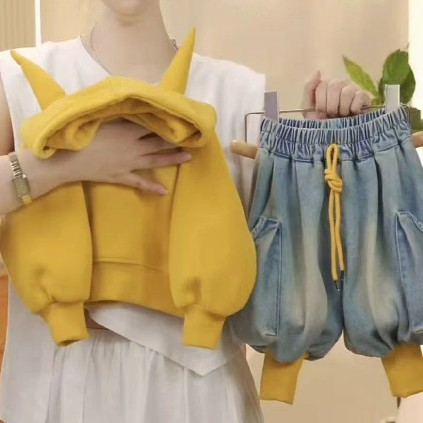 儿童秋季新款套装2025宝宝牛角连帽卫衣女童韩版休闲潮酷痞帅童装