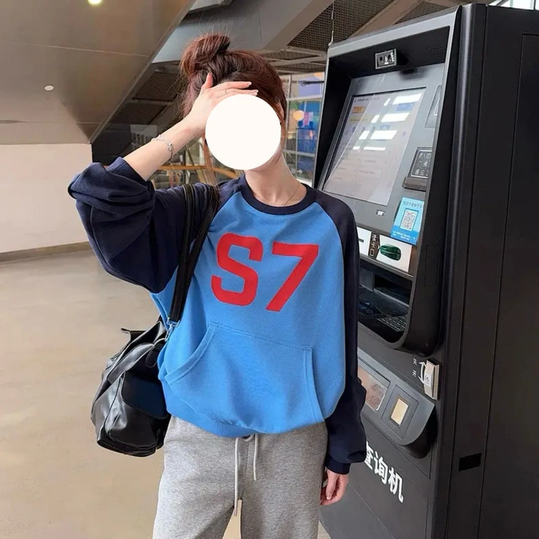 美式撞色拼接肩袖慵懒卫衣字母韩系春秋百搭休闲宽松设计长袖上衣