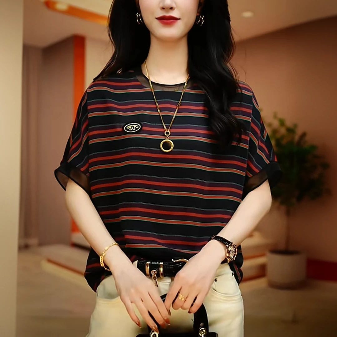 【贵妇装】原创【赤黑纹衫】黑赤条纹交织印花时尚百搭气质短袖上衣