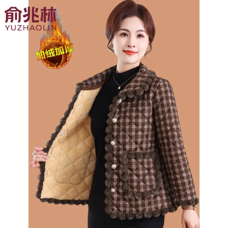 俞兆林妈妈秋冬加绒加厚小棉袄外套中老年奶奶秋装新款棉衣短款格