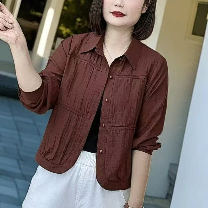 时尚长袖衬衣简约纯色韩版衬衫外穿宽松休闲2025春季短款开衫外套