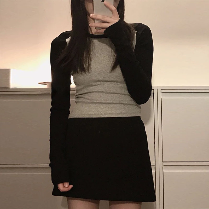 小个子撞色插肩长袖t恤女春秋季y2k千禧辣妹风修身内搭打底衫上衣