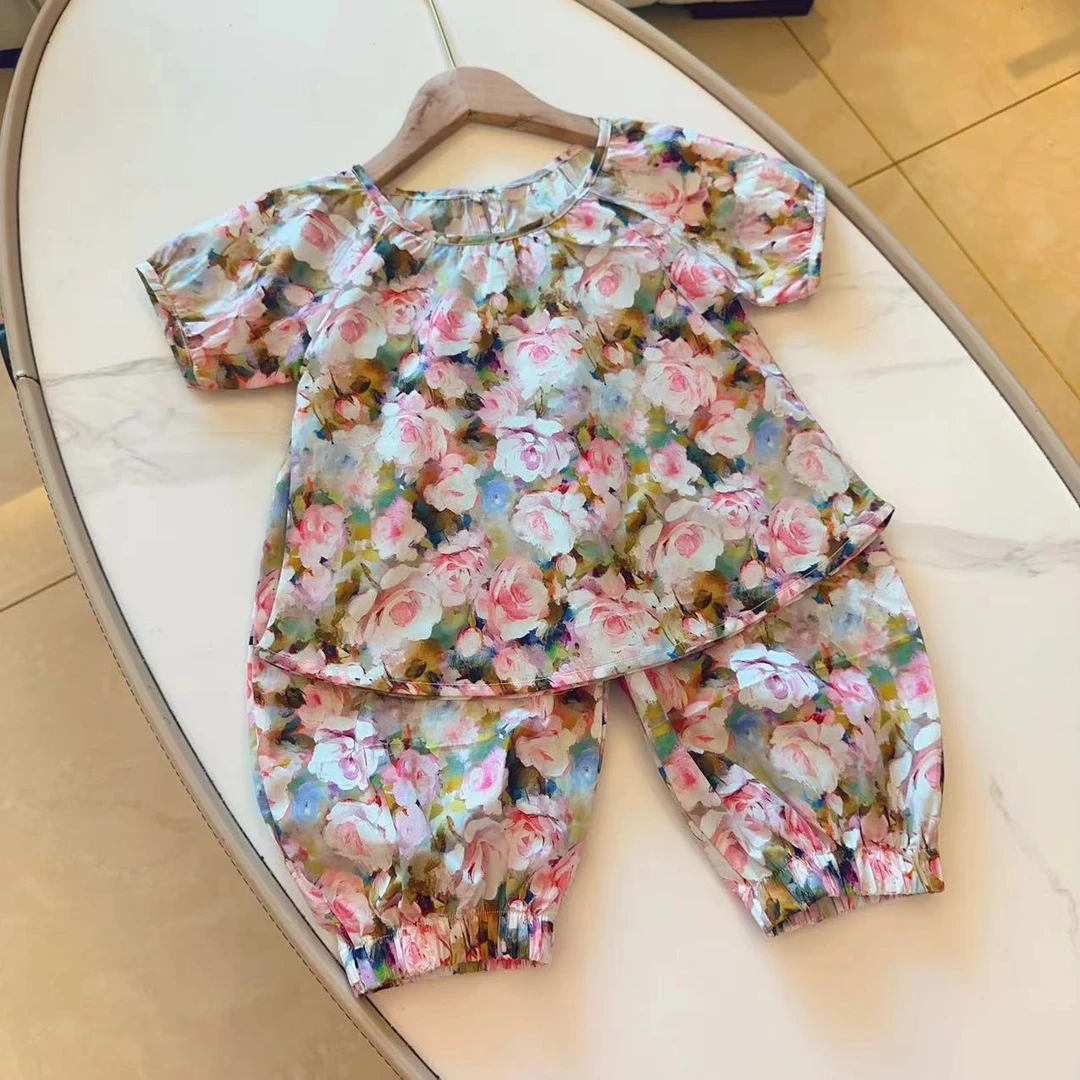 34玫瑰棉绸亲子短袖套装2025夏季女童可爱短袖长裤套装