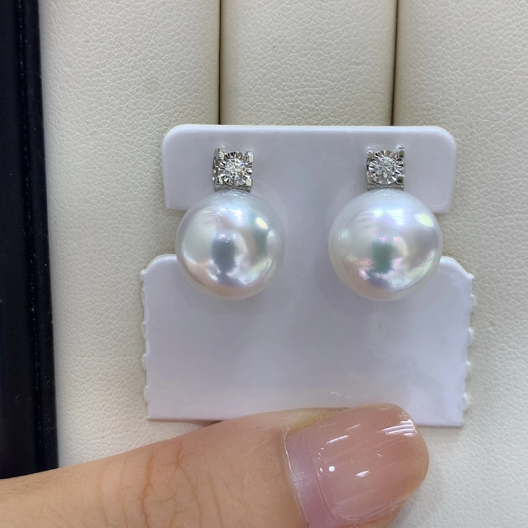 18K金镶嵌耳饰海水珍珠12/13mm澳白