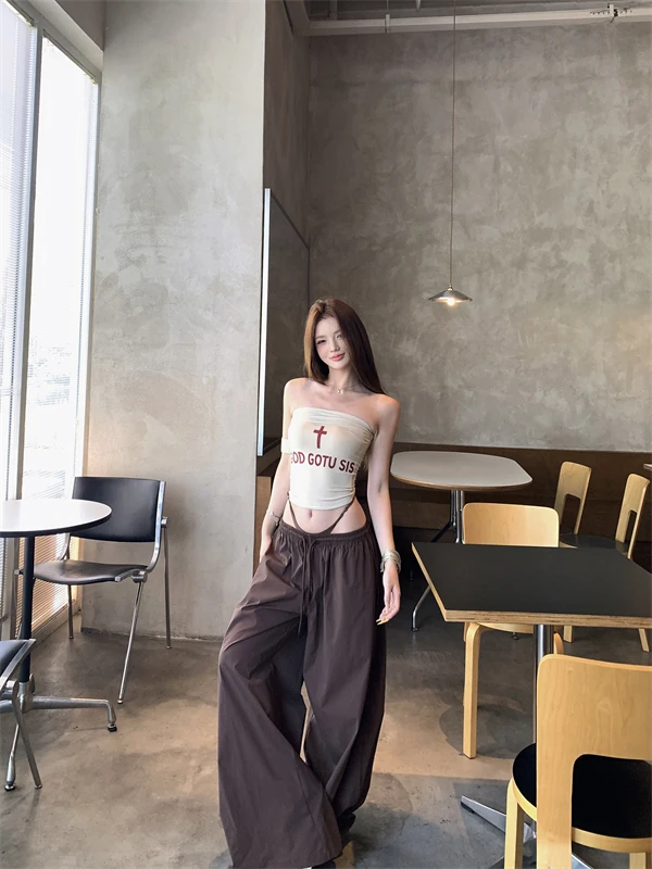 十字架字母印花露背抹胸背心女夏季修身无袖外穿美式辣妹显瘦上衣