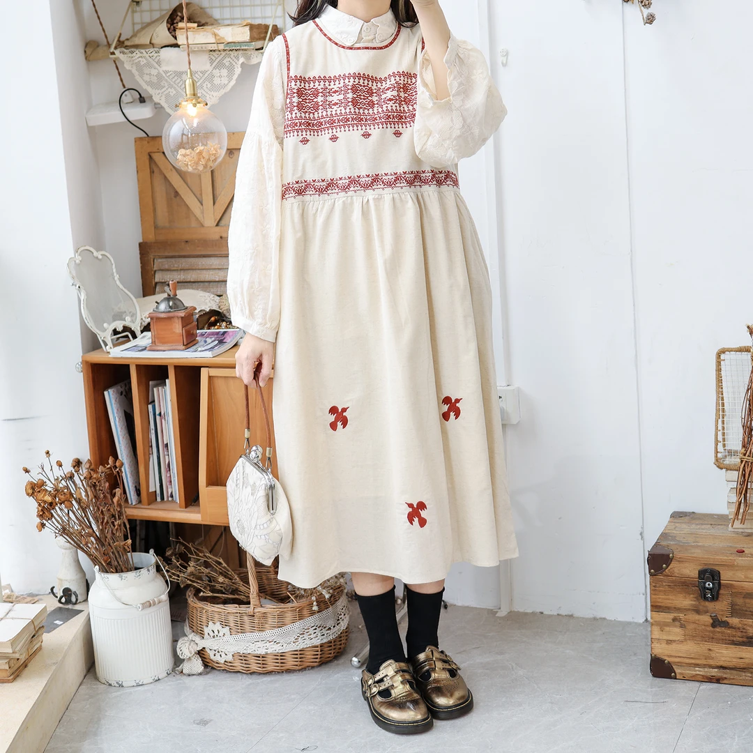 美村日系文艺复古波西米亚刺绣麻料背心裙连衣裙显瘦减龄春夏新