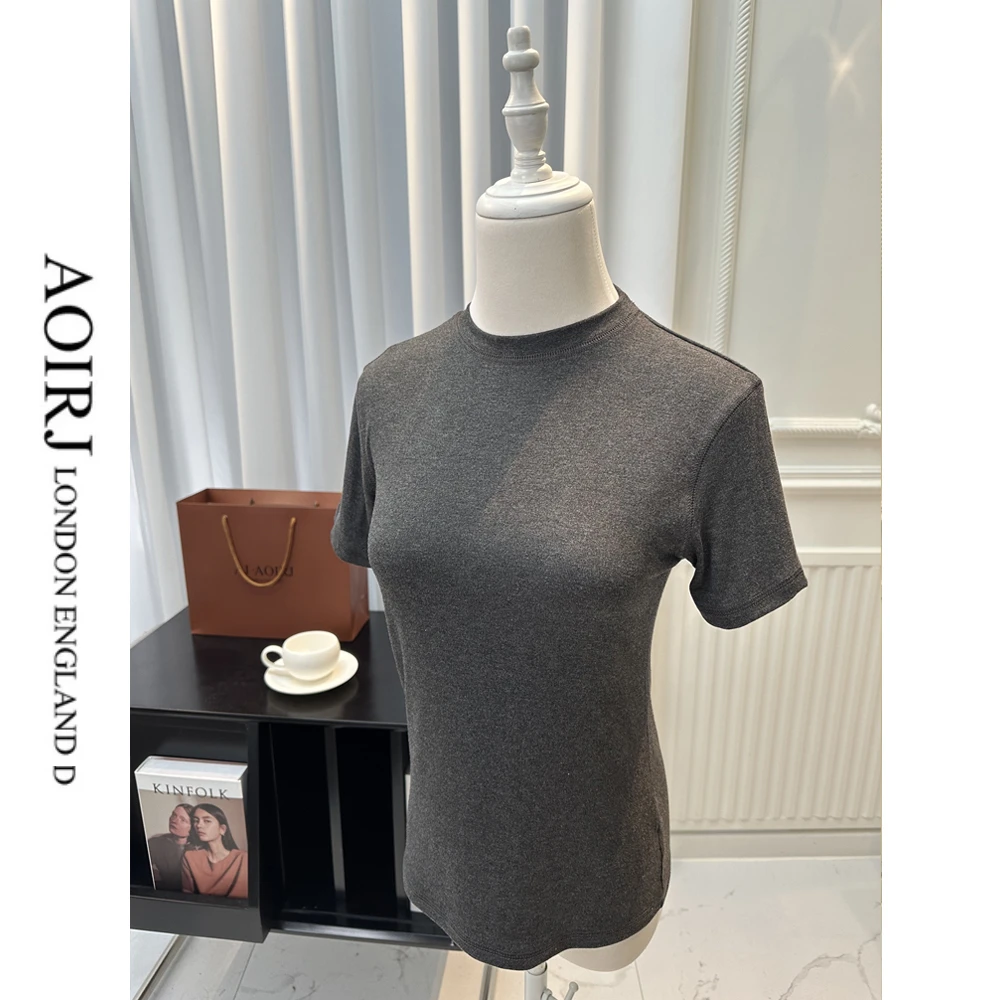 AOIRJ夏季纯色修身显瘦百搭小立领小圆领打底衫短袖T恤上衣女04