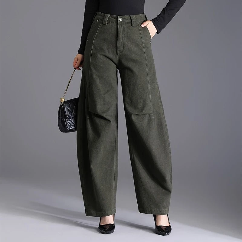 高腰宽松显瘦萝卜裤休闲裤军绿色2025春秋新款文艺大码女裤灯笼裤