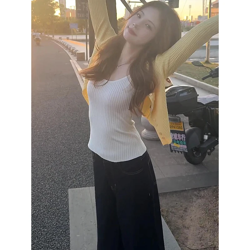 2025纯欲慵懒风女装套装针织开衫内搭背心阔腿裤清纯松弛感三件套