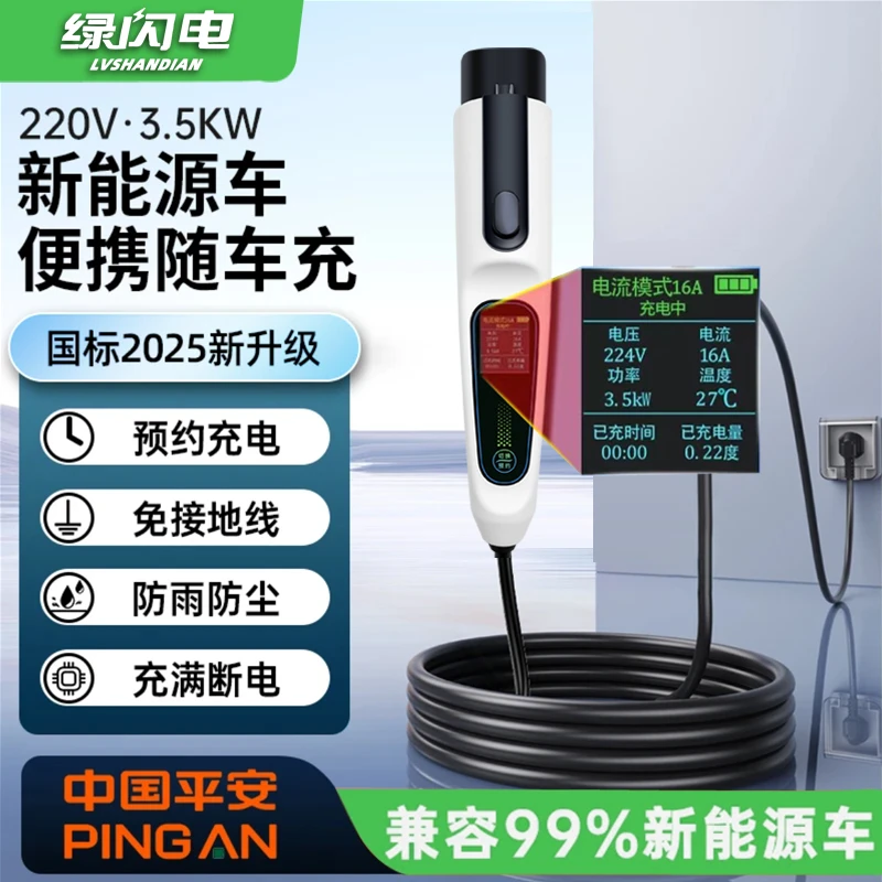 【绿闪电】通用3.5KW新能源充电枪桩器220V家用便携随车充比亚迪等