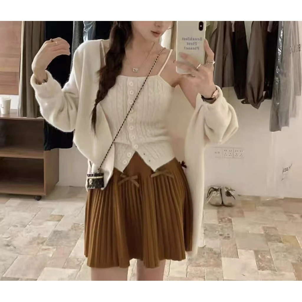 韩系慵懒风纯色百搭毛衣开衫外套+麻花吊带背心女秋季新款两件套