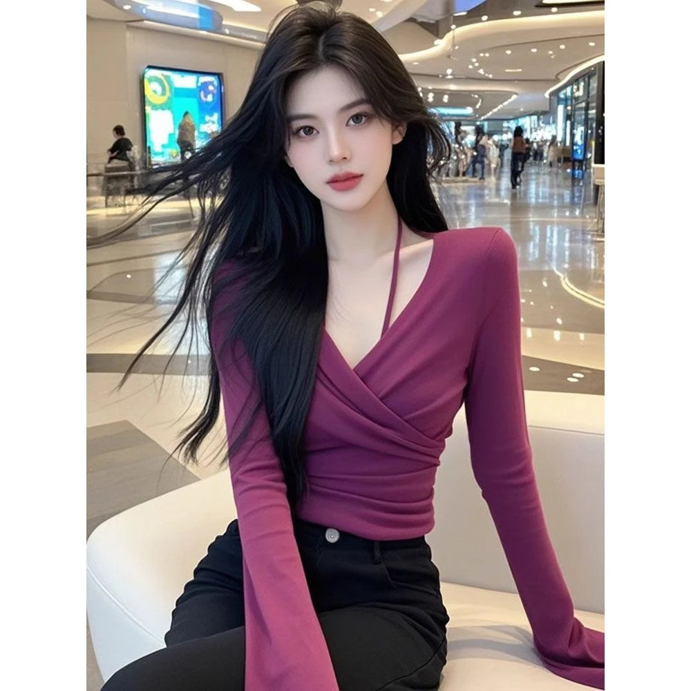 纯欲风v领交叉挂脖长袖t恤女2025新款时髦紫色御姐风情万种的上衣