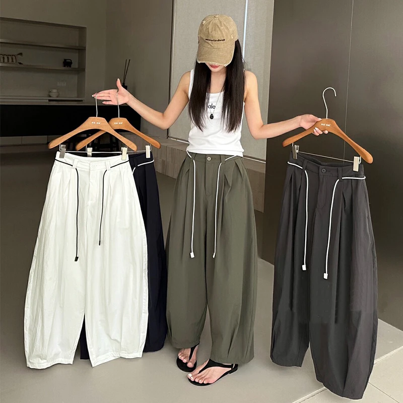 韩系绿色高腰速干阔腿休闲裤女2025夏季新款配腰绳显瘦直筒九分裤