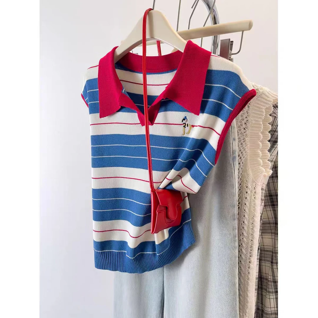 连肩短袖针织衫女2025夏新款翻领条纹撞色刺绣减龄百搭POLO衫上衣