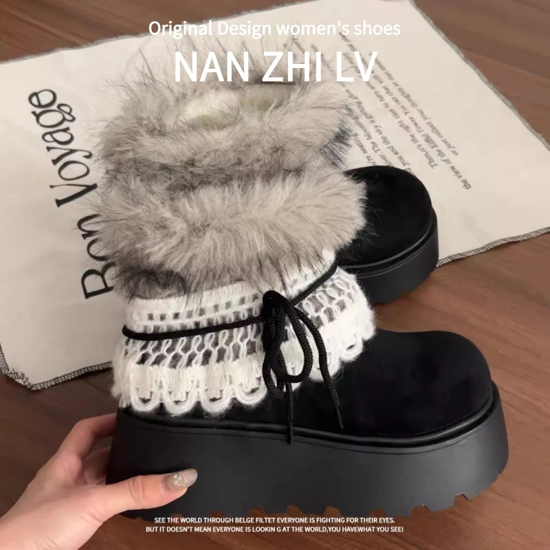 羊皮版~2025冬季新款法式厚底雪地靴冬季毛毛短靴绑带加绒时装靴