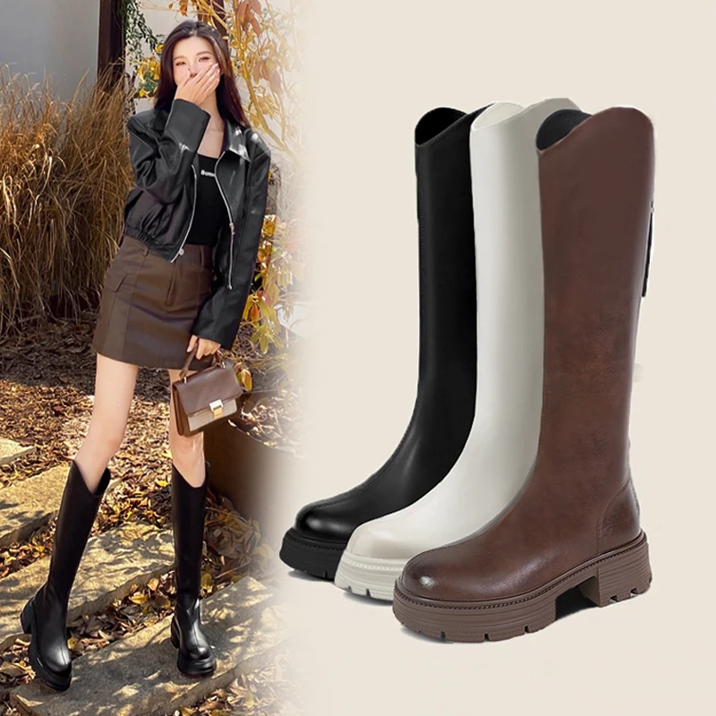 2025年秋冬新款爆款增高长筒靴粗跟厚底高筒靴子大筒围骑士靴