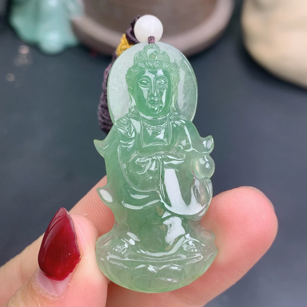 天然缅甸a货冰种满绿观音挂件，尺寸：50-23-7.2mm 重量：12.60克