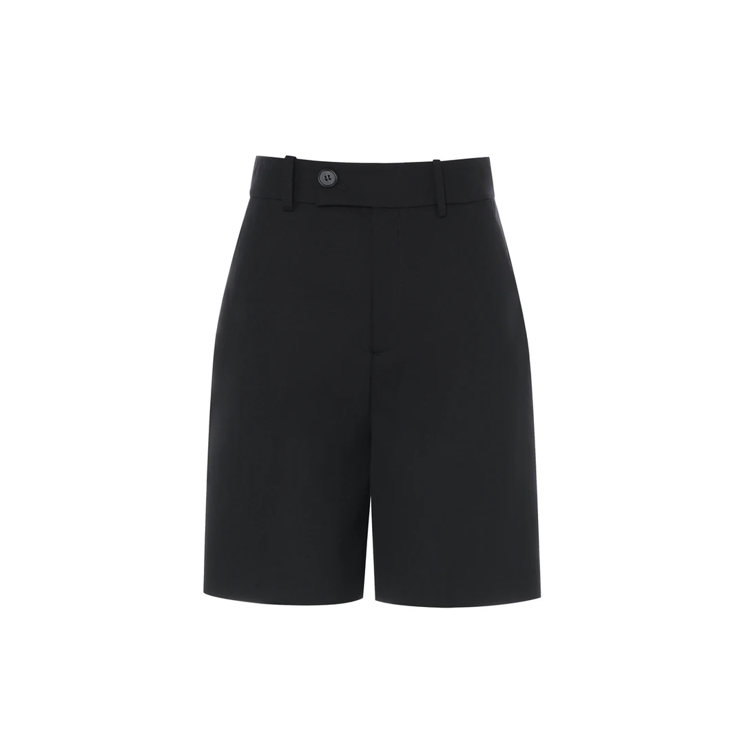 LYNEE 精纺绵羊毛简约高腰黑色短裤女休闲直筒 LGB2FSW074