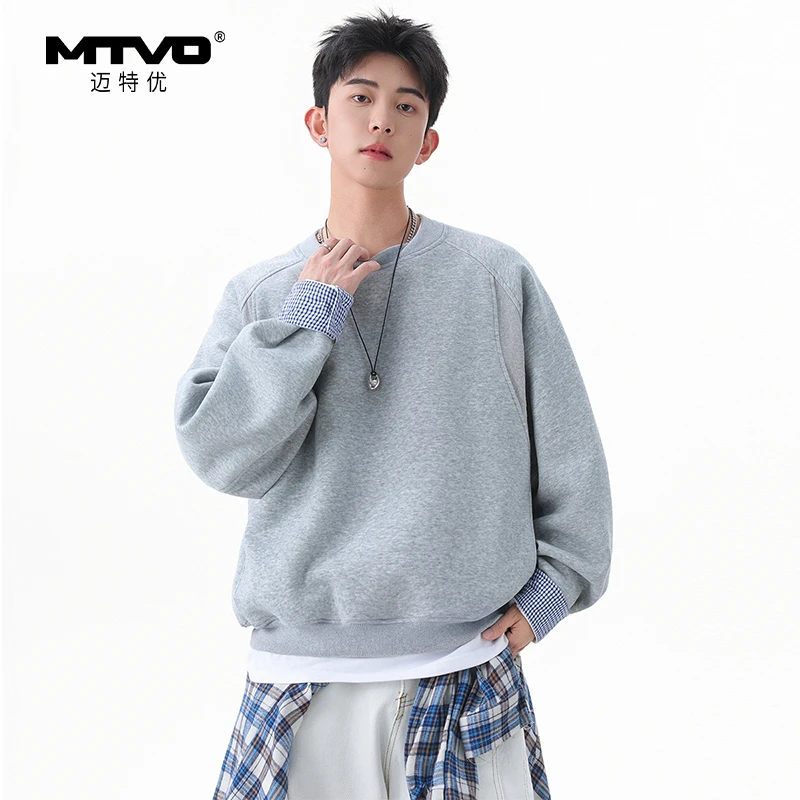 迈特优秋季新款格子袖圆领卫衣青少年宽松百搭休闲长袖上衣 6868