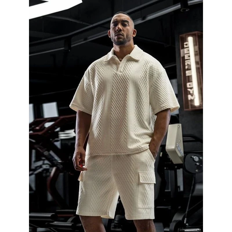 夏季大码300斤肌理感重磅纯色t恤男美式宽松运动印花短袖polo衫潮