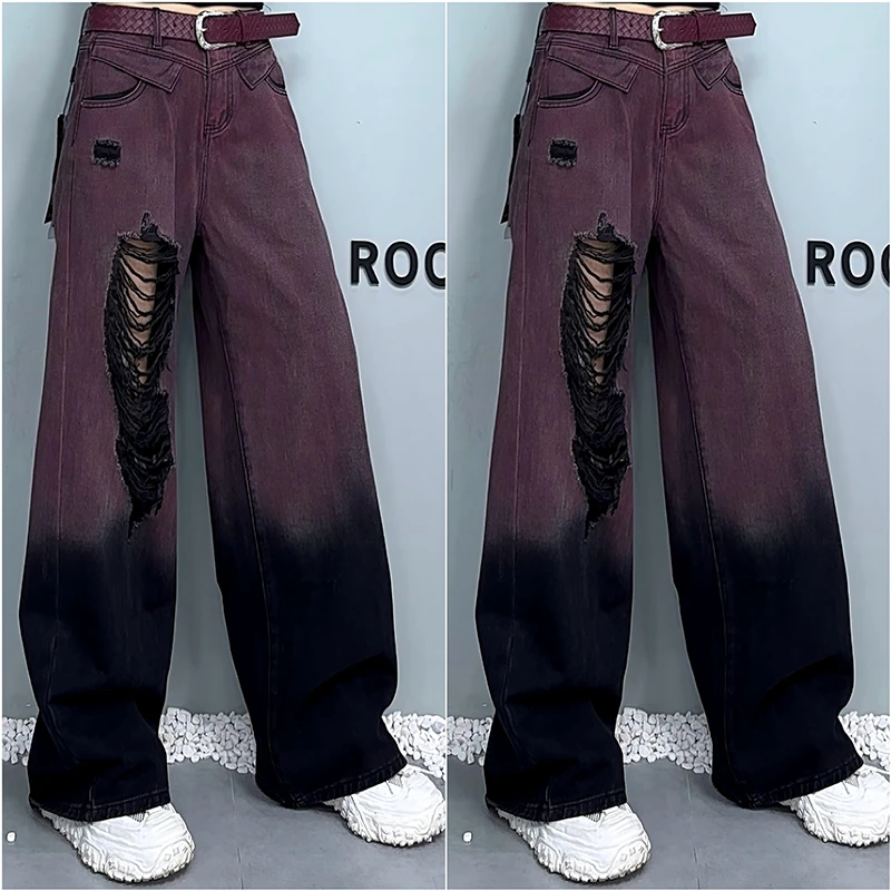 撞色拼接设计直筒复古牛仔裤女2025夏季新款宽松休闲牛仔裤-8058