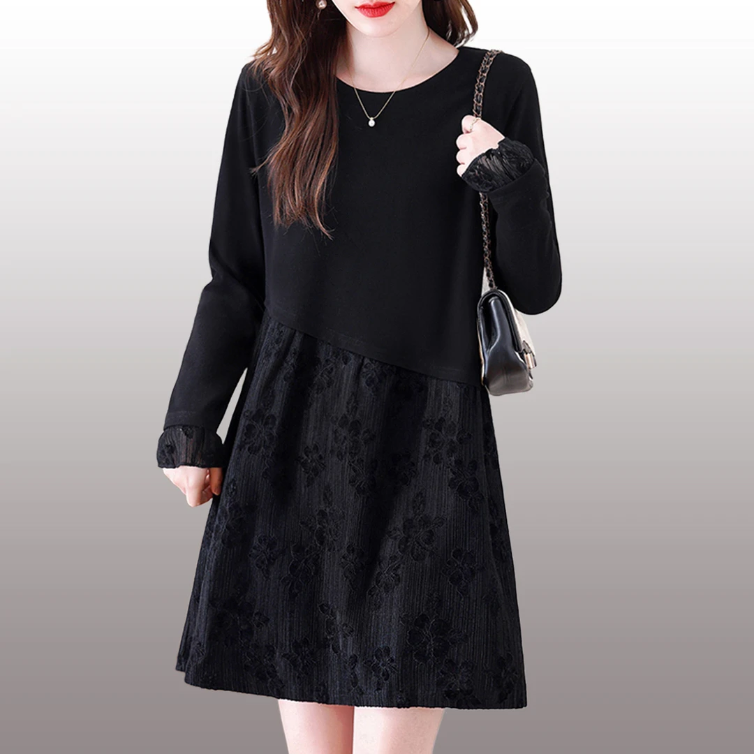 2026初春新款黑色长袖拼接连衣裙女中长款气质显瘦遮肚洋气女上衣