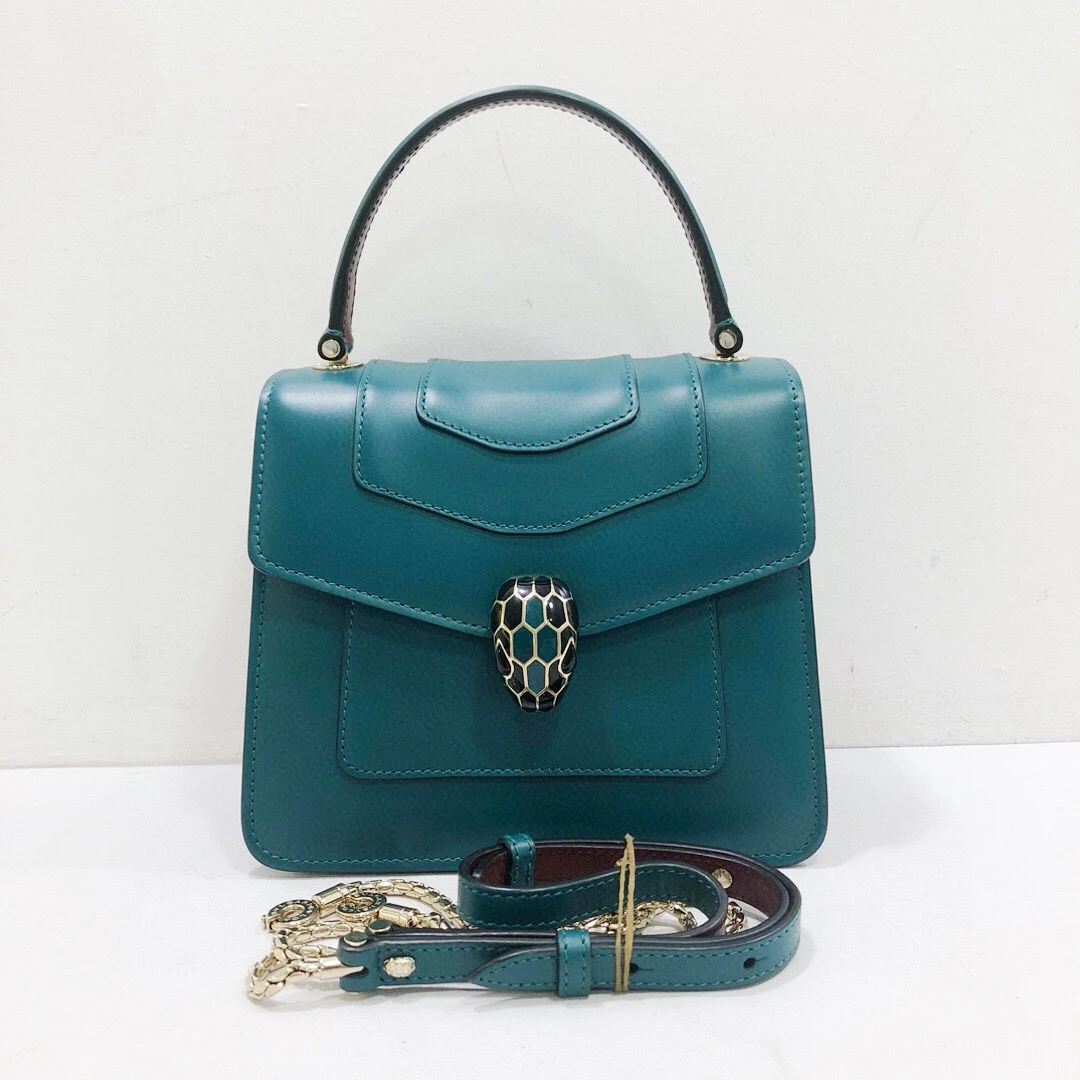 99新 BVLGARI/宝格丽 宝格丽全皮湖蓝色色蛇头手提单肩斜挎包