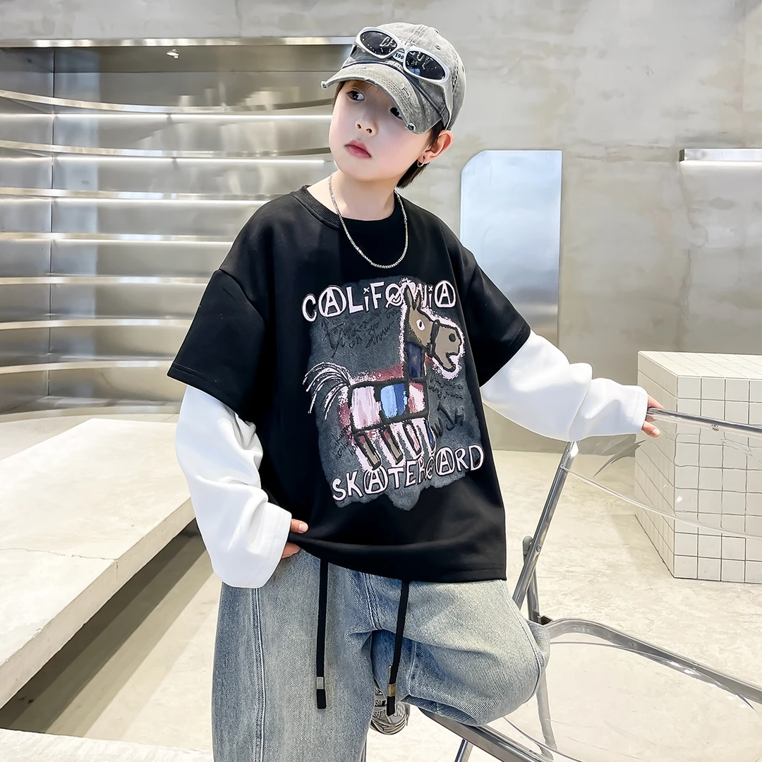 男童长袖T恤春秋款2025新款中大童春装儿童白色假两件打底衫上衣t