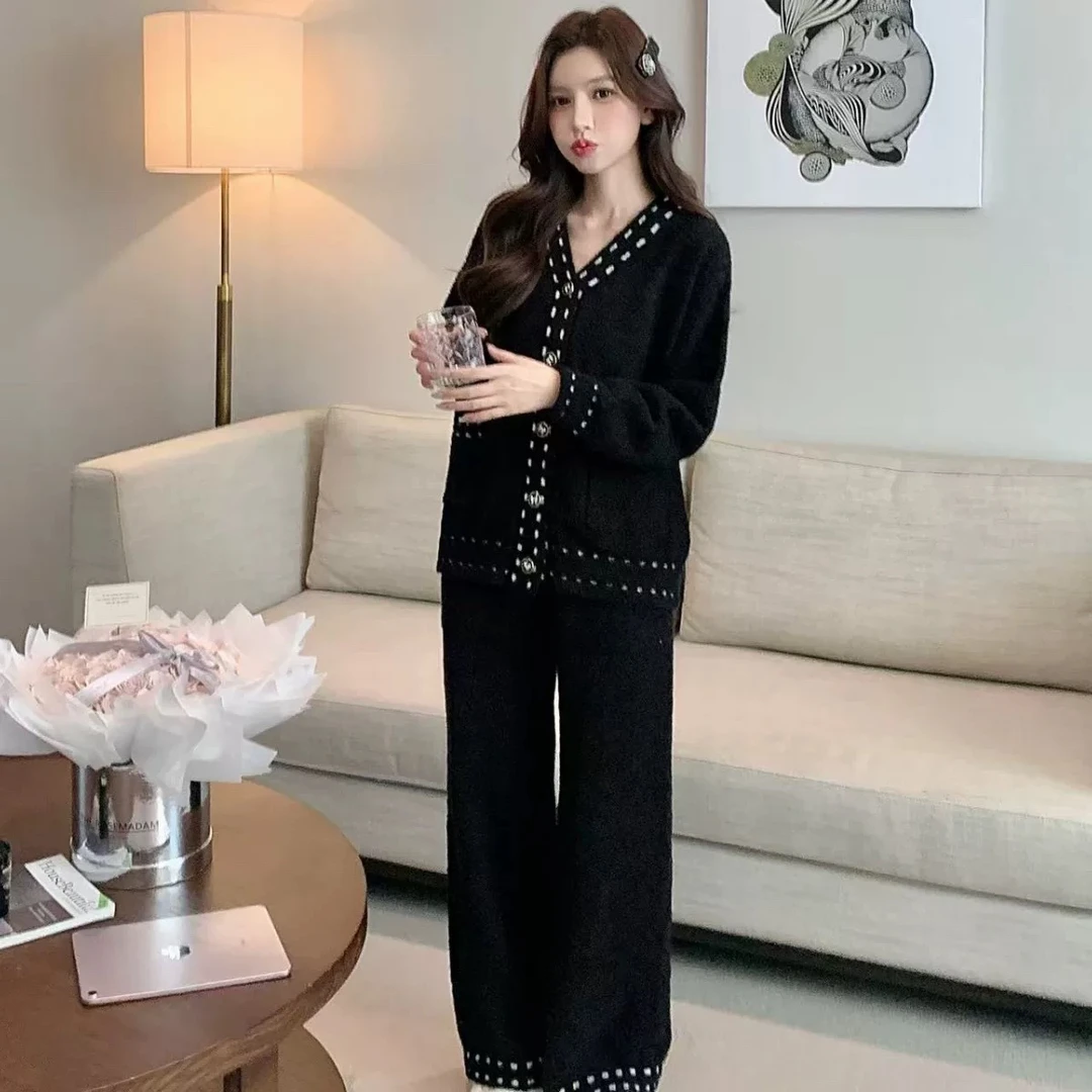 V领开衫睡衣女半边绒秋冬季加厚贵妇名媛小香风家居服套装可外穿