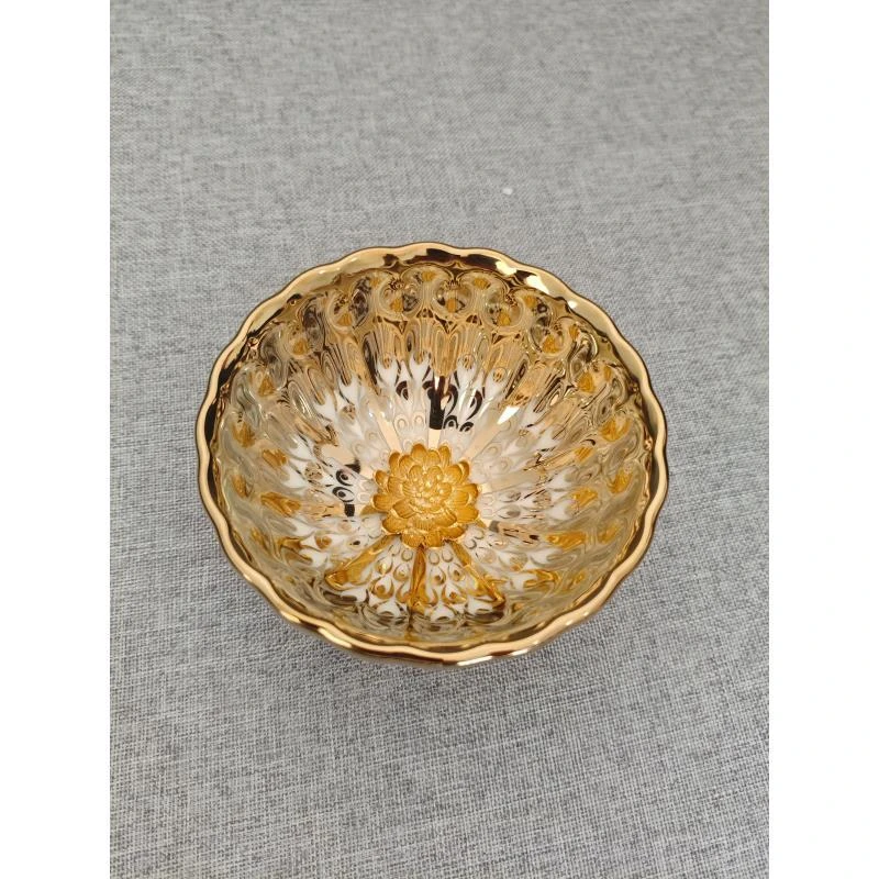 4 窑变金水波纹嵌金莲花陶瓷杯