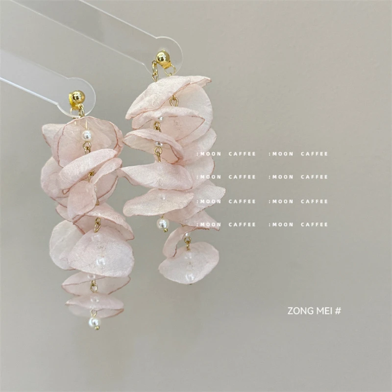 铜合金耳饰 超仙气质粉色雪纺花朵珍珠耳环法式浪漫小众设计