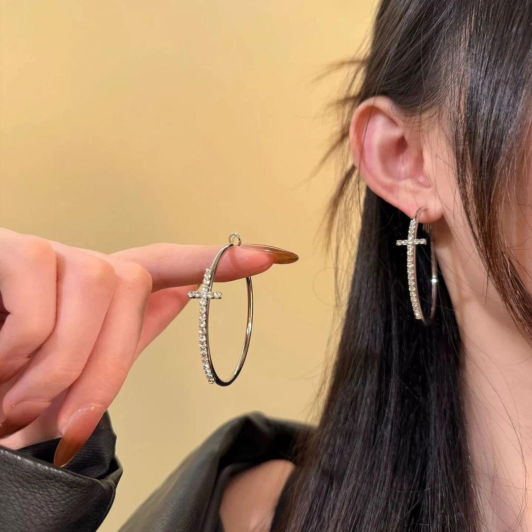 铜合金锆石耳饰 巴赫旧约 夸张闪钻十字架素圈大圆圈耳环辣妹耳饰