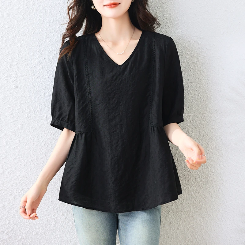 黑色V领短袖衬衫女2025夏季新款大码宽松遮肚子显瘦别致小衫上衣